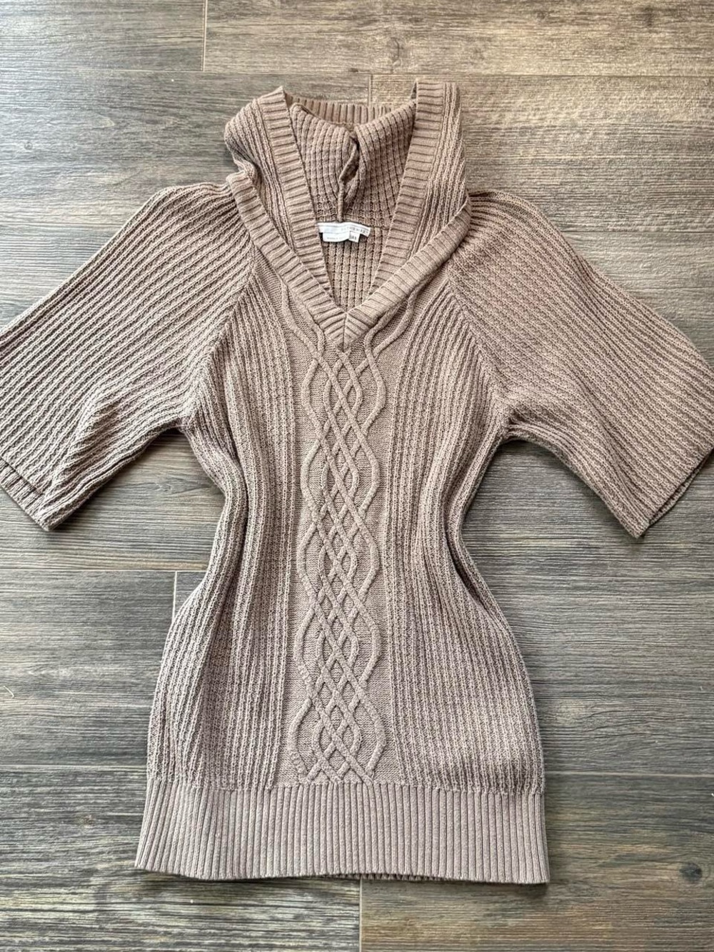 Boho indie Y2K Taupe Cable-Knit Short Sleeve hooded Sweater dress wide sleeves